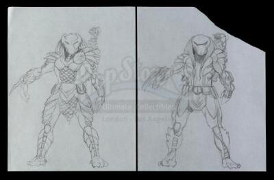 Lot #44 - AVP: ALIEN VS PREDATOR (2004) - Pair of Hand-Drawn Yautja Armor Concept Drawings