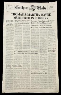 Lot #108 - BATMAN RETURNS (1992) - Gotham Globe "Thomas & Martha Wayne Murdered in Robbery" Newspaper