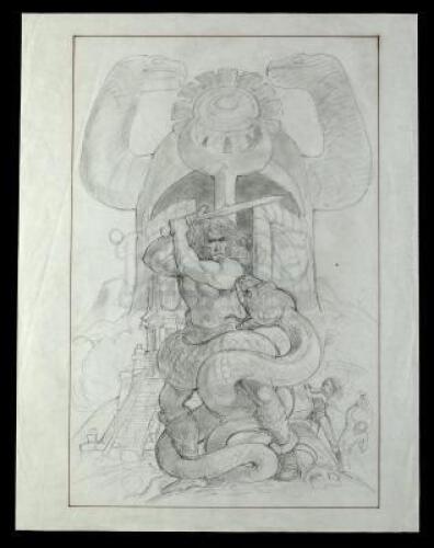 Lot #179 - CONAN THE BARBARIAN (1982) - Hand-Drawn Ron Cobb Conan and Snake Poster Concept Sketch