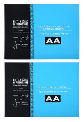Lot #40 - THE BLUES BROTHERS (1980), ANIMAL HOUSE (1978) - BBFC Certificates John Landis, 1978, 1980