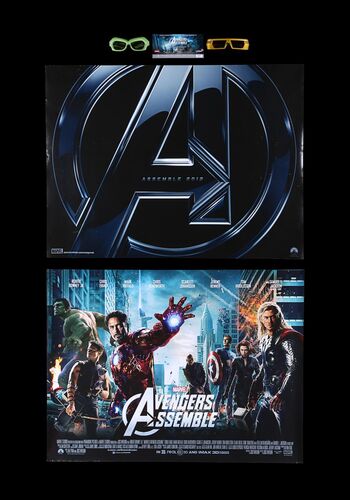 Lot #130 - AVENGERS ASSEMBLE (2012) - Two UK Quads, 3D Glasses, Premiere Ticket, 2012