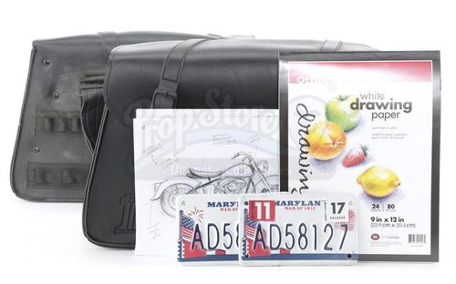 Lot #211 - Marvel's Agents of S.H.I.E.L.D. - Alphonso 'Mack' Mackenzie's Motorcycle Saddlebags, Sketches, and License Plates