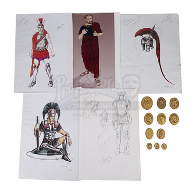 Lot #9 - ALEXANDER (2004) - Hand-Drawn Alexander (Colin Farrell) Costume Sketches, Printed Character Concept Designs, and Gold Coins