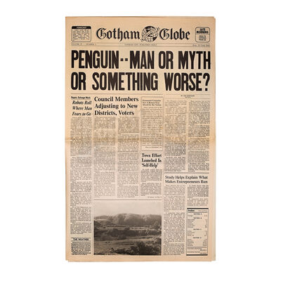 Lot #83 - BATMAN RETURNS (1992) - Gotham Globe "Penguin..Man or Myth or Something Worse?" Newspaper