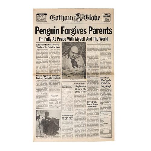 Lot #85 - BATMAN RETURNS (1992) - Gotham Globe "Penguin Forgives Parents" Newspaper