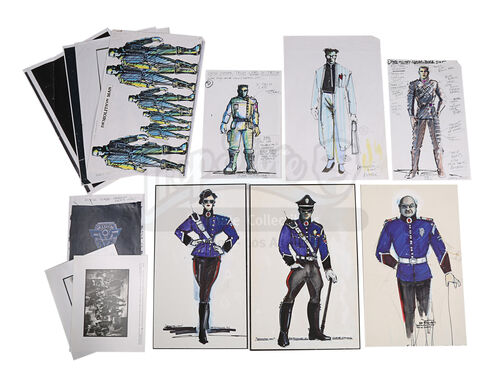 Lot #200 - DEMOLITION MAN (1993) - Bob Ringwood Hand-painted Main Character Costume Designs, Assorted Artwork and Promotional Stills