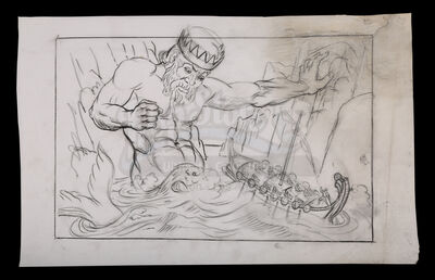 Lot #413 - JASON AND THE ARGONAUTS (1963) - Ray Harryhausen Hand-Drawn Concept Sketch of Triton (William Gudgeon) and the Argo