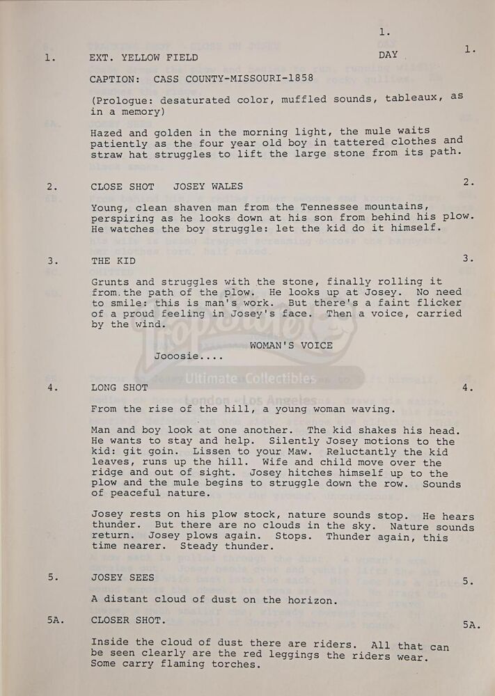 Outlaws Script Lot #542 - THE OUTLAW JOSEY WALES (1976) - First Draft Script