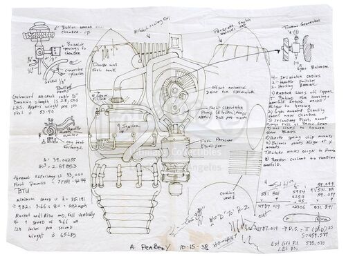 Lot #594 - THE ROCKETEER (1991) - A. "Peevy" Peabody's Hand-drawn (Alan Arkin) Rocket Pack Schematics
