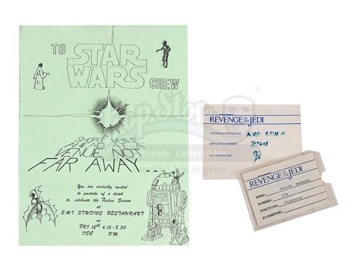 Lot #750 - STAR WARS: RETURN OF THE JEDI (1983) - Cast-and-crew Invitation, ID Card and Car Pass