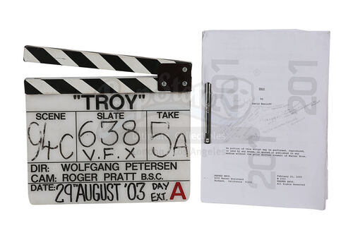Lot #837 - TROY (2004) - Production-Used Clapperboard and Shooting Script