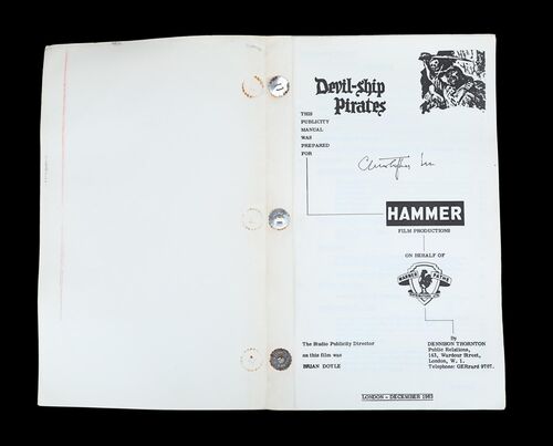 Lot #8 - THE DEVIL-SHIP PIRATES (1964) - Sir Christopher Lee's Personal Hammer Publicity Brochure (Autographed), 1964
