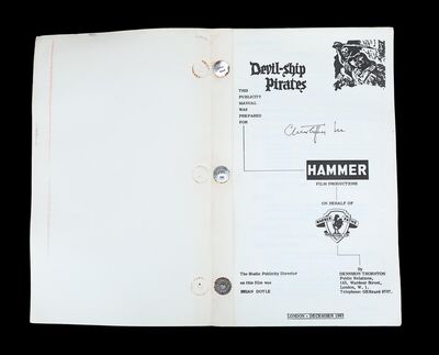 Lot #8 - THE DEVIL-SHIP PIRATES (1964) - Sir Christopher Lee's Personal Hammer Publicity Brochure (Autographed), 1964