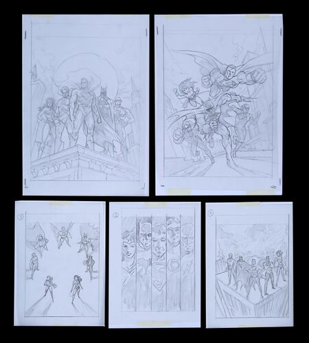 Lot #47 - JUSTICE LEAGUE: CRISIS ON TWO-EARTHS (2010) - Five Poster Concept Drawings, 2010