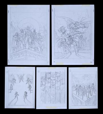 Lot #47 - JUSTICE LEAGUE: CRISIS ON TWO-EARTHS (2010) - Five Poster Concept Drawings, 2010