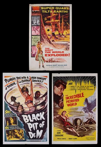 Lot #400 - THE NIGHT THE WORLD EXPLODED (1957), THE INCREDIBLE PETRIFIED WORLD (1959), BLACK PIT OF DR. M (1959) - Three US One-Sheets, 1957, 1959