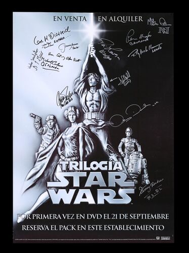 Lot #433 - STAR WARS ORIGINAL TRILOGY (1977-83) - Promotional Poster, 2004, Autographed by 15 including Carrie Fisher and Mark Hamill