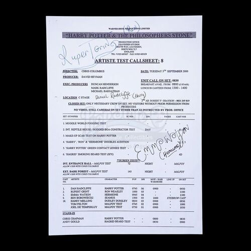 Lot # 108: HARRY POTTER AND THE SORCERER'S STONE (2001) - Daniel Radcliffe and Cast Autographed Call Sheet