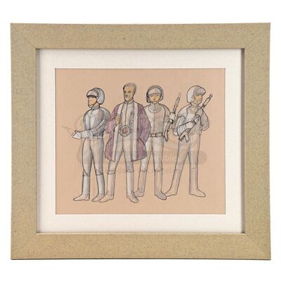 Lot # 297: STAR WARS - EP V - THE EMPIRE STRIKES BACK (1980) - Framed Hand-Drawn Lando Calrissian (Billy Dee Williams) and Guards Costume Design Illustration by John Mollo