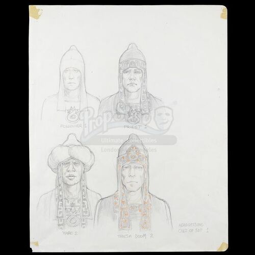 Lot # 583: CONAN THE BARBARIAN (1982) - Hand-Drawn Ron Cobb Snake Cult Headdress Concept Sketches