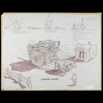 Lot # 590: CONAN THE BARBARIAN (1982) - Hand-Drawn Ron Cobb Cimmerian Kudzah Concept Sketch