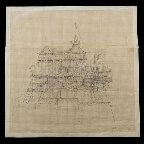 Lot # 591: CONAN THE BARBARIAN (1982) - Hand-Drawn Ron Cobb King Osric's Castle Concept Sketch