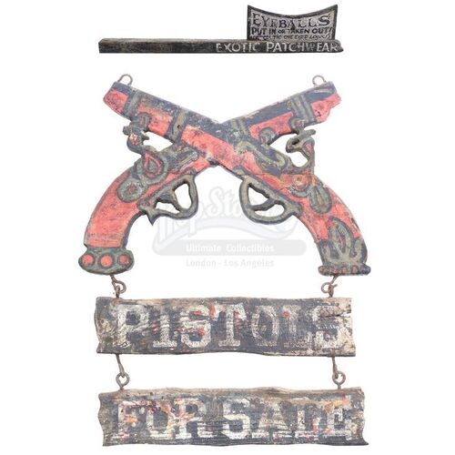 Lot # 745: HOOK (1991) - "Exotic Patchwear" and "Pistols For Sale" Pirate Town Signs