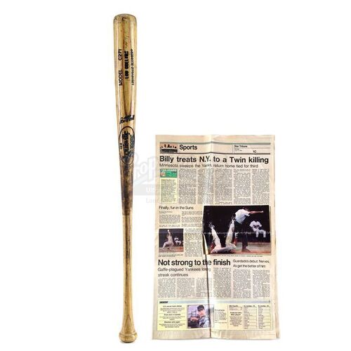 Lot # 829: LITTLE BIG LEAGUE (1994) - Lou Collins' (Timothy Busfeld) Louisville Slugger with Billy Heywood (Luke Edwards) Newspaper