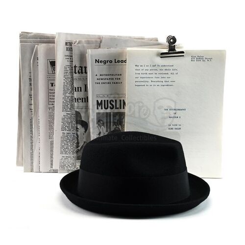 Lot # 935: ONE NIGHT IN MIAMI (2020) - Malcolm X's (Kingsley Ben-Adir) Hat, Newspapers and Manuscript