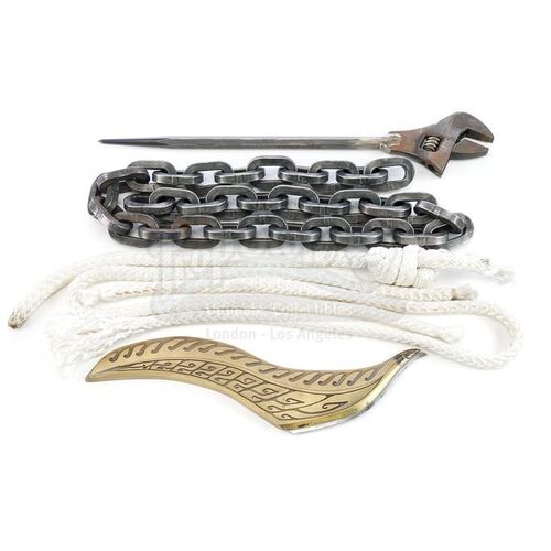 Lot # 1016: SKYSCRAPER (2018) - Will Sawyer's (Dwayne Johnson) Hero Bronze Leaf Blade, Rope, Wrench, and Chain