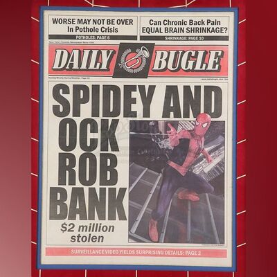 Lot # 1043: SPIDER-MAN 2 (2004) - Framed "Spidey and Ock Rob Bank" Daily Bugle Newspaper Cover