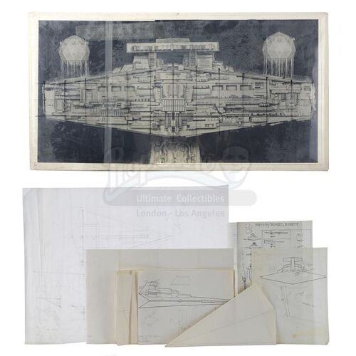 Lot # 1175: STAR WARS - EP V - THE EMPIRE STRIKES BACK (1980) - Hand-Drawn and Printed 8' Star Destroyer Model Work Layout Sketches