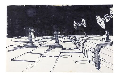 Lot # 1200: STAR WARS - EP IV - A NEW HOPE (1977) - Hand-Illustrated Paul Huston TIE Fighters Over Death Star Concept Sketch