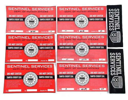 Lot # 30: The Gifted - Sentinel Services Patches and Warning Stickers