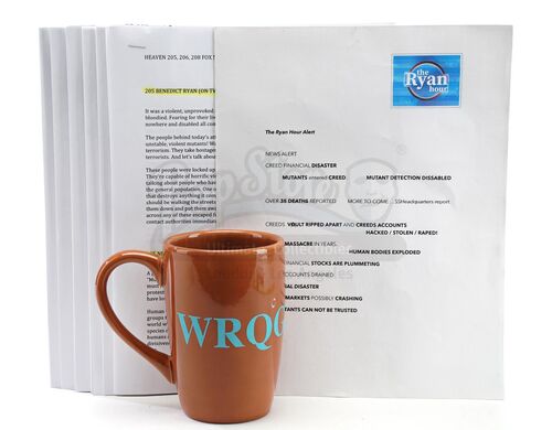 Lot # 265: The Gifted - Benedict Ryan's "The Ryan Hour" Scripts and WRQG Mug