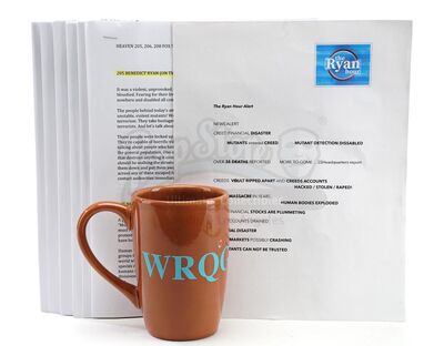Lot # 265: The Gifted - Benedict Ryan's "The Ryan Hour" Scripts and WRQG Mug
