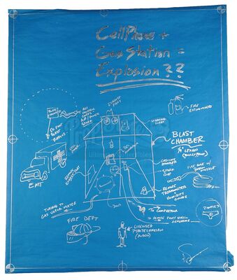 Lot # 42: Episode "Cell Phone Destroys Gas Station" (2003, E2): Episode Blueprint Signed by Adam Savage - Cell Phone & Gas Station = Explosion