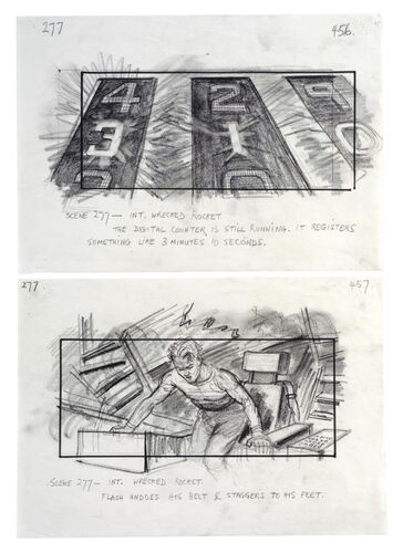Lot #111 - FLASH GORDON (1980) - Charles Lippincott Collection: Pair of Hand-drawn Mentor Huebner "Flash at War Rocket Ajax Controls" Storyboard Sketches