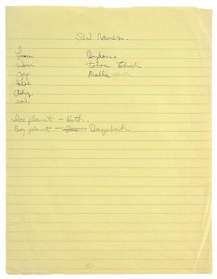 Lot #337 - STAR WARS: THE EMPIRE STRIKES BACK (1980) - Handwritten George Lucas Character and Planet Name Ideas