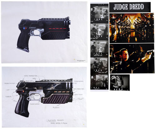 Lot #714 - JUDGE DREDD (1995) - Charles Lippincott Collection: Hand-illustrated Julian Caldow Lawgiver Design Illustration with Printed Copy and Production Photographs