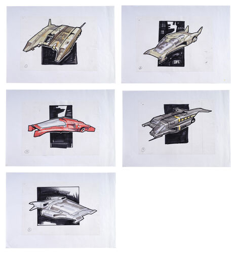 Lot #718 - JUDGE DREDD (1995) - Charles Lippincott Collection: Set of Five Hand-illustrated Julian Caldow Mega-City One Vehicle Concept Designs