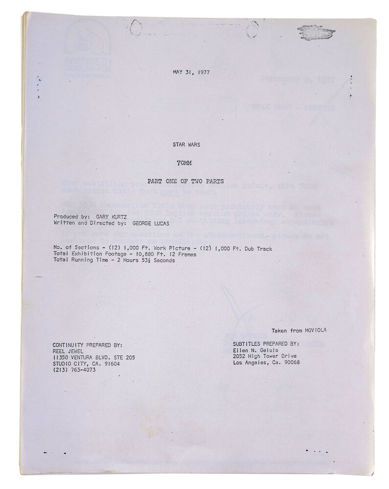 Lot #926 - STAR WARS: A NEW HOPE (1977) - 70mm Continuity Script