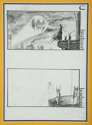 Lot #452 - BATMAN (1989) - Framed Hand-drawn Storyboard of Batman and The Bat-Signal