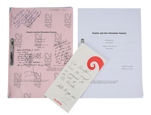 Lot #494 - CHARLIE AND THE CHOCOLATE FACTORY (2005) - Pair of Sir Christopher Lee's Personal Scripts and Compliment Slip From Tim Burton