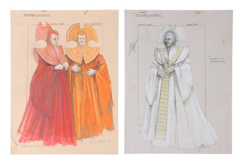 Lot #546 - DOCTOR WHO: THE DEADLY ASSASSIN (T.V. SERIES, 1976) - Pair of Hand-painted James Acheson Time Lord Costume Designs
