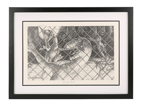 Lot #724 - JURASSIC PARK (1993) - Framed Hand-drawn Mark "Crash" McCreery Raptor Attack Artwork