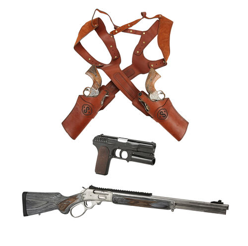 Lot #735 - KINGSMAN: THE GOLDEN CIRCLE (2017) - Whiskey's (Pedro Pascal) Stunt Ruger Revolvers and Holster, Tequila's (Channing Tatum) Stunt Rifle, and Stunt Kingsman Pistol