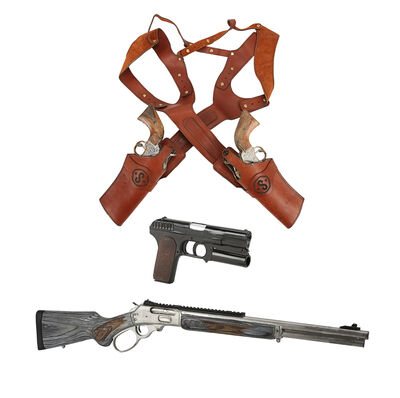 Lot #735 - KINGSMAN: THE GOLDEN CIRCLE (2017) - Whiskey's (Pedro Pascal) Stunt Ruger Revolvers and Holster, Tequila's (Channing Tatum) Stunt Rifle, and Stunt Kingsman Pistol