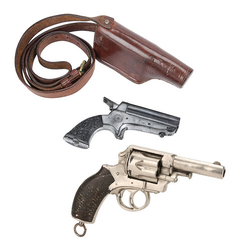 Lot #856 - SHERLOCK HOLMES (2009) & SHERLOCK HOLMES: A GAME OF SHADOWS (2011) - Sherlock Holmes' (Robert Downey Jr.) Stunt Revolver and Stunt Pepperbox Pistol and Holster