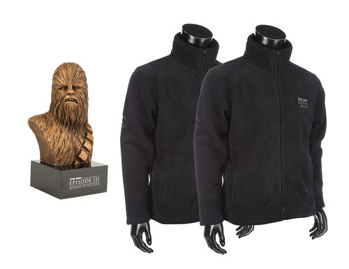 Lot #916 - STAR WARS: REVENGE OF THE SITH (2005) - Trisha Biggar Collection: Pair of Crew Jackets and Chewbacca Bust Crew Gift